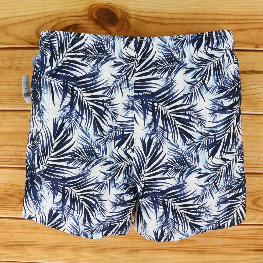 Dip Swim Trunks w/Liner Mens XL‎ Blue White Leaves UPF 50 Pockets Drawstring NWT
